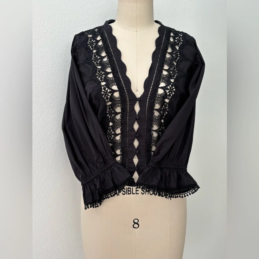 Free People Louella Embroidered Top NWT Black Cotton Cropped Scalloped L